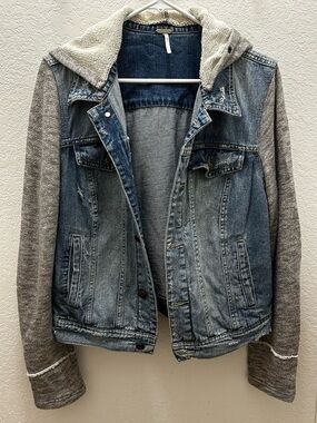 Free People Blue and gray denim/sweats Jean jacket, women’s size large.